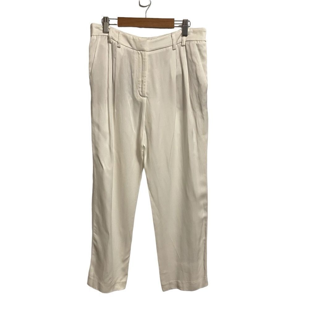 Zara Woman Off White Satin Pleated Straight Leg Trousers Size S 26